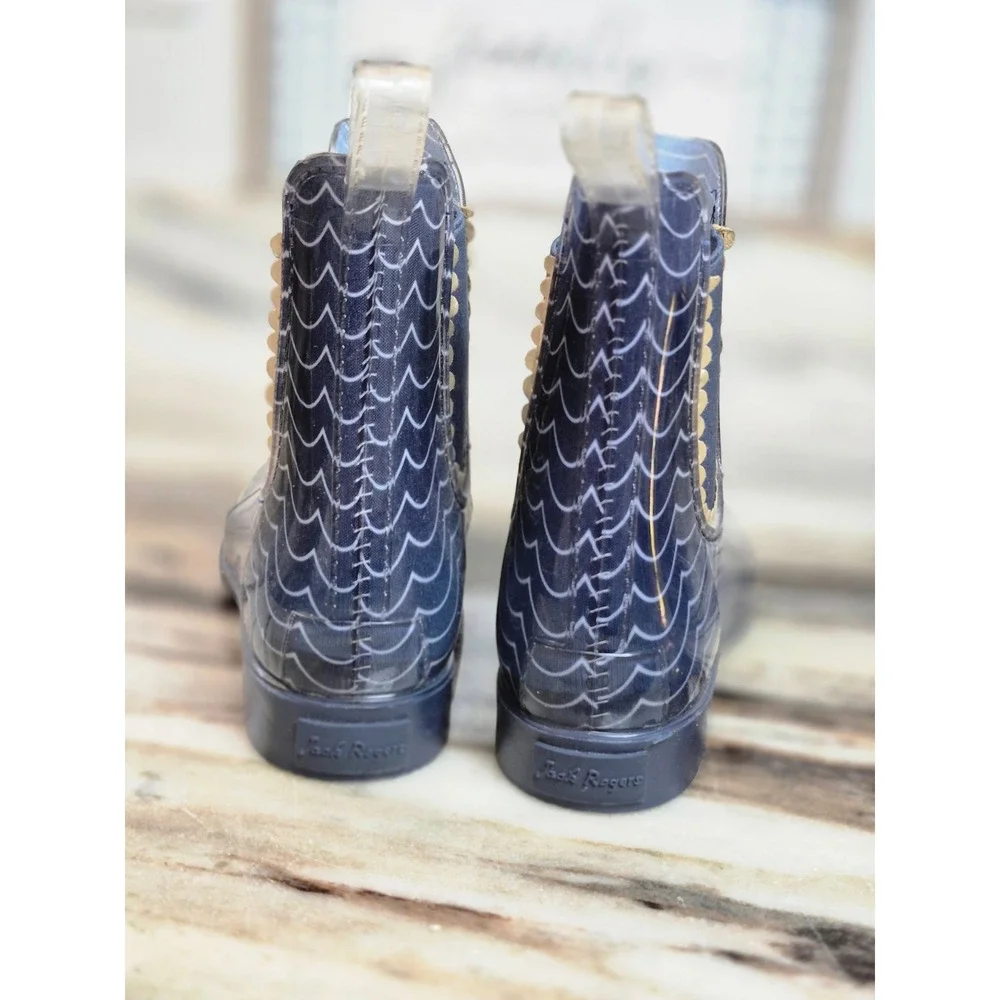 Jack Rogers Chloe‎ Navy Blue Scalloped Wave Chelsea Rain Boots Womens Size 6M